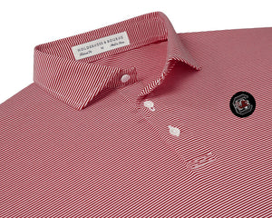 Holderness and Bourne Gamecock Polo: Garnet Stripe with Black Circle