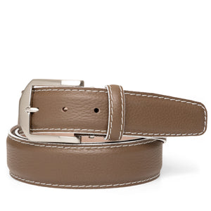 LEN Belt French Pebble Grain Mocha w/ White Edge & Border Stitch STK