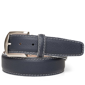 LEN Belt French Pebble Grain Navy w/ White Edge & Border Stitch STK