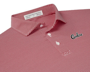 Holderness and Bourne Gamecock Polo: Garnet Stripe with Script